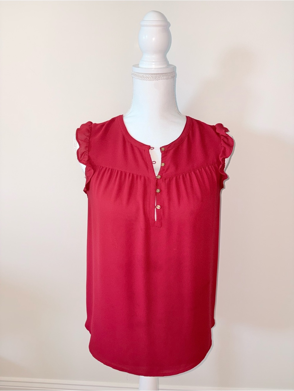 LOFT Red Ruffle Cap-Sleeve Henley Tank